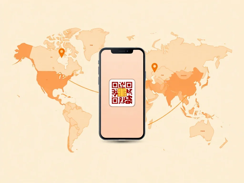 Смартфон с профилем eSIM и QR-кодом на фоне карты мира с точками покрытия сети
